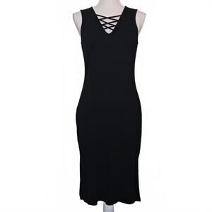 Doe & Rae Ribbed Black Midi‎ Dress w/ V-neck Criss-Cross Detail, Size S